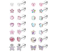 14 Pairs Flat Back Earrings Hypoallergenic for Women Girls - Surgical Stainles Steel Cute CZ Heart Flower Pearl Earrings Pink Screw Back Sleeper Earrings Set 20G Over 3 Years Old Colorful
