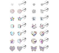 14 Pairs Flat Back Earrings Hypoallergenic for Women Girls - Surgical Stainles Steel Cute CZ Heart Flower Pearl Earrings Pink Screw Back Sleeper Earrings Set 20G Over 3 Years Old Silver