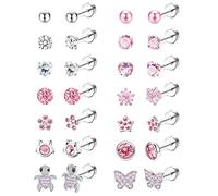 14 Pairs Flat Back Earrings Hypoallergenic for Women Girls - Surgical Stainles Steel Cute CZ Heart Flower Pearl Earrings Pink Screw Back Sleeper Earrings Set 20G Over 3 Years Old Pink