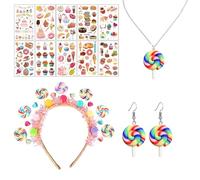 14 Pcs Candy Headband Necklace Earrings Set with Dessert Temporary Tattoos, Sweet Lollipop Costume Accessories for Women Girls, Halloween Christmas Birthday Party Favors, Carnival Dress-Up Gifts