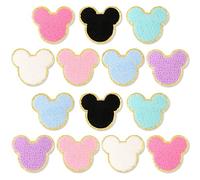 14 Pcs Chenille Mouse Patches, EVERMARKET Iron on Mouse Head Patches Cute Chenille Embroidered Applique Patch for Clothing Sew on Glitter Gold Trimmed Mouse Decorative Patch for DIY Decors