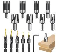 14 Pcs Countersink Drill Bit Set, 5 Wood Drill Bits and 8 Plug Cutters with L-Wrench, Titanium-coated Self Centering Drill Bit with 1/4" Hex Shank, Quick-Change Wood Plug Cutter Set for Woodworking