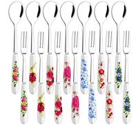 14 Pcs Dessert Silverware Set - Stainless Steel Small Appetizer Forks and Mini Coffee Spoons With Ceramics Handle for Cake, Tea, Salad, Cocktail, Fruit