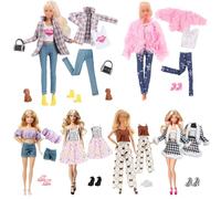 14 Pcs Doll Clothes Compatible with 11.5 Inch Girl Dolls Fashion Pack 6 Set Accessories Fashionable Coat Houndstooth Suit Evening 1 Tulle Skirt Casual Outfit 6 Shoes 1 Handbag 1 Dog