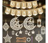 14 PCS Eid Decorations for Home - 2-in-1 Set Eid Mubarak Banner & Wooden Ornaments - Eid Mubarak Bunting & Hanging Ornaments for Eid Mubarak Decorations & Eid al-Adha Decorations