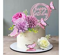 14 PCS Flower Cake Toppers Butterfly Cake Decorations Happy Birthday Cake Toppers with Artificial Purple Flowers Eucalyptus Butterflies for Girls Birthday Party Wedding Baby Shower Supplies (Purple)