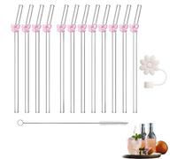 14 PCS Glass Straws With Charms, Clear Straws Glass Straws Drinking, Long Glass Straw Glasses Set Including 12 Pink Bow Straws 20cm 1 Straw Cleaner Brush 1 Chrysanthemum 1 Chrysanthemum Straw Cover Ca