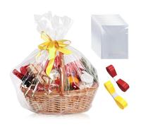 14 PCS Hamper Wrapping Cellophane, Large Clear Cellophane Bags, Big Cello Gift Wrap Bag, with 2 Rolls of 5-Meter Ribbon for Christmas Weddings Easter Gifts Graduations (100 X 75 Cm)