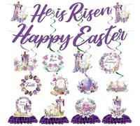 14 Pcs He is Risen Easter Decorations, 2 He is Risen Banners with 8 Hanging Swirls and 4 Honeycomb Centerpieces, Purple Cross Christian Easter Party Supplies for Home Classroom Church Decor