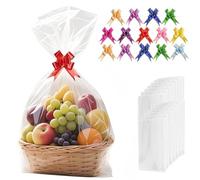 14 Pcs Large Cellophane Hampers Bags with Pull Bows, 50×70cm Clear Cellophane Basket Gift Wrap Bags, with Pull Bows for Making Christmas Easter Valentine's Day Gift