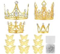 14 PCS Mini Crown Cake Topper - Tiny Crown and Butterfly for Cake Topper Mini Baby Crown Tiny Queen Crown for Women Lady Girl Wedding Baby Shower Birthday Party (Gold)