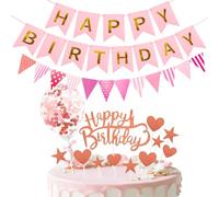 14 Pcs Pink Happy Birthday Cake Topper - Heart Star Cake Decoration with Happy Birthday Banner, Pennant & Confetti Balloon for Birthday Party Cake Decor Supplies