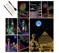 14 Pcs Scratch Art Set, 8 Sheets A4 City Series Night Scene Rainbow Engraving Painting, Landscape Scratchboard with Tools, Creative DIY Art Craft Gifts for Adults
