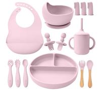 14 Pcs Silicone Baby Feeding Set, Baby Weaning Set, Baby Spoons Forks Suction Bowl Divided Plate Bib Cup Finger Brush,First Stage Solid Food Eating Utensils - for Toddlers & Baby Gift (Light Pink)