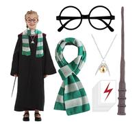 14 Pcs Wizard Costume Accessories Set for Kids, Harry Fancy Dress with Magic Wand, Necklace, Scarf, Glasses, Tattoo Sticker Wizard Cosplay Outfit for World Book Day, Halloween Girls Boys-Green