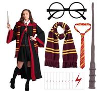 14 Pcs Wizard Costume Accessories Set, Wizard Harry Cosplay Kit with Magic Wand, Tie, Scarf, Glasses, Tattoo Sticker Wizard Cosplay Outfit for Girls Boys, Dress up Day, World Book Day, Halloween-A