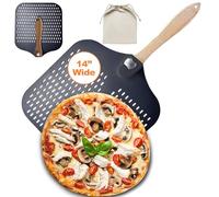 14" Perforated Pizza Peel,14" Wx 16" L, Extra Large Metal Pizza Peel 14 inch, Aluminum pizza peel 14 with Foldable Wood Handle and Storage Bag