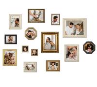 14 Piece Assorted Vintage Gallery Wall Frame Set - Different Size Antique Picture Frame Collage for Wall - Ornate Gold and Rustic Wooden Frames for Art, Paintings or Family Photos - French Style Decor
