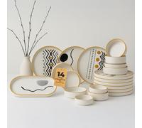 14 Piece Breakfast Set for 6 People - Stackable Axial Series - Handmade Kütahya Ceramic Tableware with Serving Plates & Bowls - Dishwasher Safe