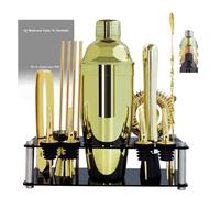 14-Piece Cocktail Shaker Set Bartender Kit with Black Stand, Bar Tool Set for Drink Mixing Bartending Kit Bar Sets Accessories: 750ml(25oz) Shaker, Jigger, Muddler, Cocktail Recipes (Gold)