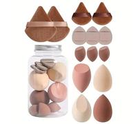 14-Piece Cosmetic Puff & Makeup Sponge Set - Triangle, Mini Finger, Egg Sponges for Foundation/Juego de 14 Esponjas y Puffs de Maquillaje para Base (Coffee)