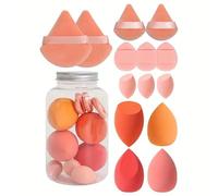 14-Piece Cosmetic Puff & Makeup Sponge Set - Triangle, Mini Finger, Egg Sponges for Foundation/Juego de 14 Esponjas y Puffs de Maquillaje para Base (Orange)