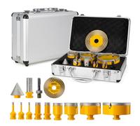 14 Piece Diamond Tile Drill Set, 6/8/20/35/50/75/100 mm Diamond Hole Saw + 20 mm Finger Drill + 50 mm Chamfer Drill + 115 mm Cutting Disc + 2 Adapters Dry/Wet Drilling for Tiles Porcelain Marble