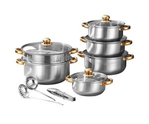 14-Piece Kitchen Cookware Set, Ultra-Pro Stainless Steel Induction Hob Pot Set, Includes Saucepans, Stockpot, Steamer for Cooking with Kitchen Utensil Sets