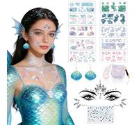 14-Piece Mermaid Make-Up Set - Scale Stencils, Glitter Gel, Earrings in Shell Shape, Blue Rhinestones, Face Self-Adhesive - for Carnival or Mermaid Costume Women (Blue)