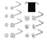 14 Pieces Clear Crystal Nose Piercing High Quality Sterling Silver 1 Bag Velvet Shiny Microcrystals L Shape Comfortable on Our Skin Piercing