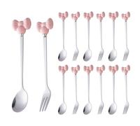 (14 Pieces) Cute Bow Stainless Steel Spoon and Fork Household Ceramic Handle Dessert (Pink)
