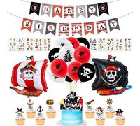 14 Pieces Of Aluminum Film Balloons, 1 Piece Of Pull Flag, 2 Pieces Of Large Plug Strips, 10 Pieces Of Tattoo Stickers, Pirate Decoration For Children'S Birthday, Pirate Party Decoration