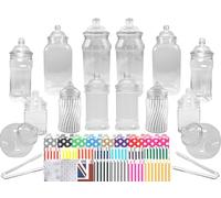 14 Plastic Sweet Jars, 7 Styles, 2 Tongs and 50 Bags. Ideal for Party, Wedding, Sweet Table, Candy Buffet (Green Polka Dot Bags)