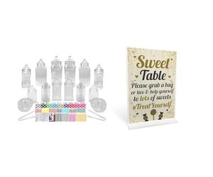 14 Plastic Sweet Jars, 7 Styles, 2 Tongs and 50 Bags. Ideal for Party, Wedding, Sweet Table & RED OCEAN Sweet Table Wedding Table Decoration Standing Plaque Wedding Party Decoration Keepsake