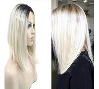 14" Platinum Blonde Ombre Synthetic Lace Front Wigs Dark Roots Short Straight Bob Hairstyle Lace Wigs for Woman