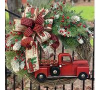 14" Rustic Buffalo Plaid Ribbon Truck Berry Rattan Wreath Holiday for Front Door Hanging Porch Home Window Wall Farmhouse Indoor Outdoor, Red Green