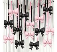 14 Set Black and Pink Bow Foil Balloons Bulk 20 Inch 4D Metallic Giant Balloons Set with Satin Bows Ribbon for Ceiling Holiday Ornaments Pink Black Bow Themed Birthday Party Decoration