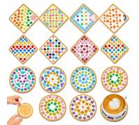 14 Sets Mosaic Coaster Kit for Adults Beginners, DIY Glass Mosaic Tiles Craft Set with Wooden Coaster, Mixed Color Mosaic Kits for Home DecorHandmade Gift