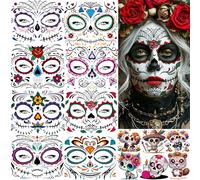 14 Sheets Day Of The Dead Face Tattoos For Halloween Temporary Tattoos Sugar Skull Catrina Makeup Kit Tattoo Sticker, Realistic Stitch Mouth Fake Tattoos Halloween Zombie Costume Dia De Los Muertos