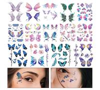 14 Sheets Glitter Butterfly Temporary Tattoos, Waterproof Fairy Wings Temporary Tattoo Body Art Fake Tattoos sticker for Women Girls Festival Music Party Favors Cosplay Eye Face Makeup