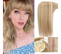 14" Synthetic Hair Topper Wiglet Hair Enhancer with Straight Bangs 3 Clips in Straight Hair Extensions Hair Closure Piece Hairpieces for Women Strawberry Blonde mixed Bleach Blonde