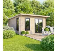 Powersheds Pent Roof Log Cabin 14ft x 14ft (Doors to Right) 44mm Log Thickness