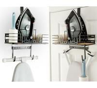 14" x 6" x 18" Farmhouse Ironing Board Hanger Wall Mount or Over the Door - Universal Laundry Room Ironing Board Holder Caddy with Iron Holder Shelf - Hold Ironing Boards Large & Small - - Black