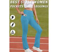 (-14, XS) Women's Super Soft Flare Pants with Pockets High Waisted Tummy Control Workout Yoga Push Up Gym Fitness Leggings Bell Bottoms