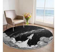 140 cm Round Machine Washable Rug, Retro Style Rocket Launch Sketch Area Rug, Non-Slip Thin Low-Pile Black Carpet for Living Room, Bedroom, Dining Table, Pet & Kid Friendly