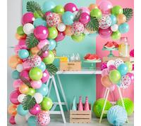 140 Pcs Hawaiian Tropical Balloon Arch Garland Kit, Hot Pink Green Balloon Party Decoration Set, Confetti Latex Balloon Flamingo Palm Leaves for Birthday Summer Beach Wedding Decoration