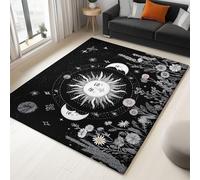 140 x 200 cm Black Machine Washable Rug, Short Pile Non-Slip Backing Non-Shedding Mystical Flowers Sun Moon printed carpet, Area Rugs for Living Room Bedroom Kitchen Hallway Office