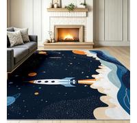 140 x 200 cm Black Sci Fi Space Rocket Spaceship Carpet, Non Slip Durable Washable Rugs, Cartoon Illustration Indoor Rug for Teens Kids room Bathroom Bedroom