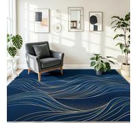140 x 200 cm Machine Washable Rugs Living Room, Abstract Hills Curves Short Pile Non Slip Carpet, for Bedroom Kitchen Backing Minimalist Luxurious Area Rug, Dark Blue Gold