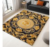 140 x 200 cm Shabby Chic Rugs Living Room Non-slip Short Pile Faux Wool Bedroom Carpet, Lightweight Washable Ornate Floral Print Carpet for Kitchen Office Decor, Black And Gold